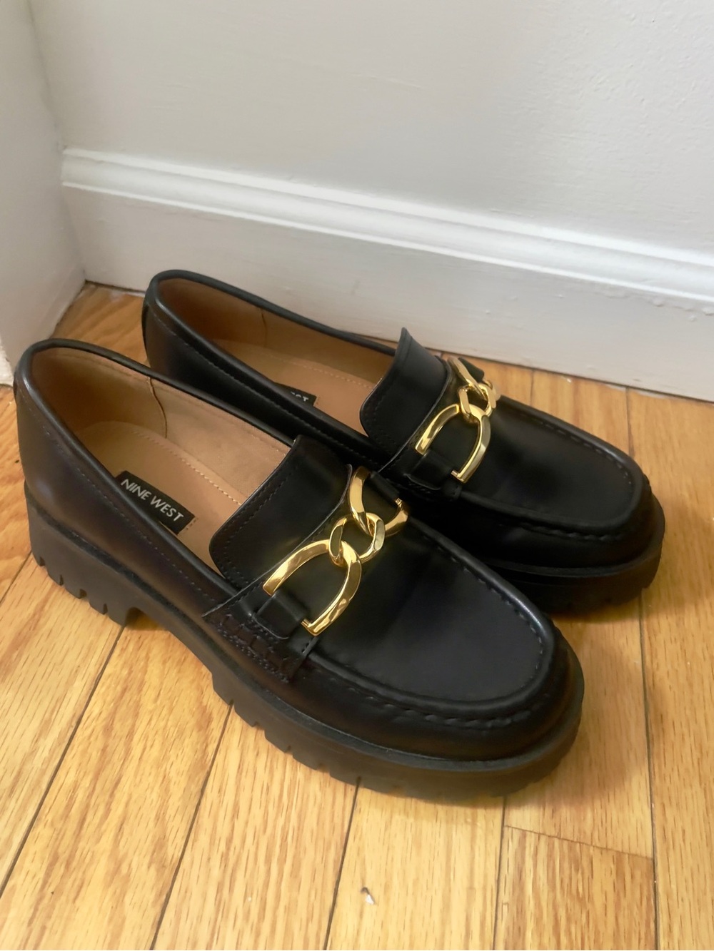 Nine West Black Leather Loafers with Gold Chain Accent